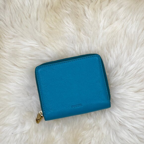 Fossil Teal Leather Multifunction Small Zip Wallet EUC - Picture 1 of 7
